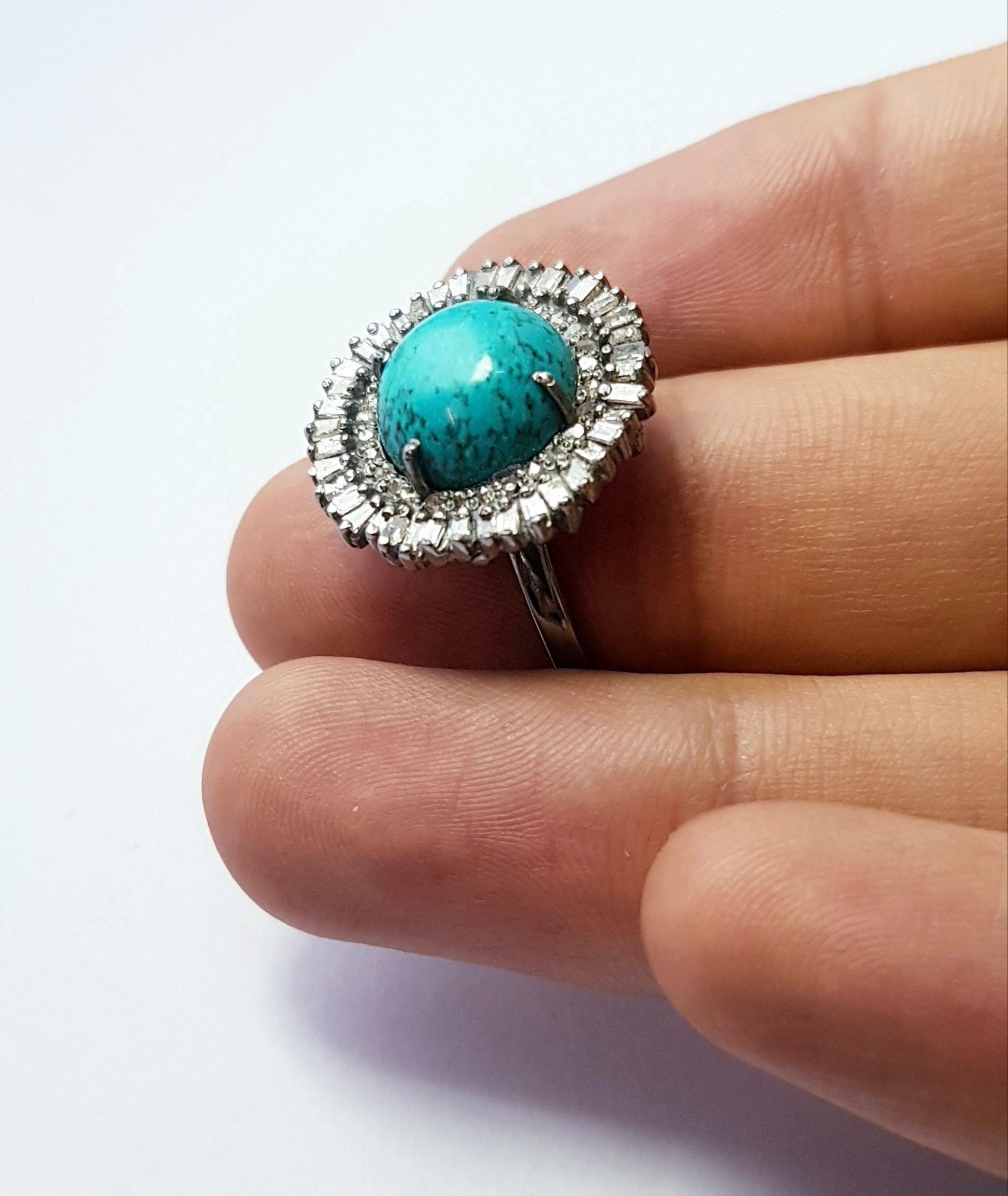 Very Beautiful Designer Rosecut Pave Diamond Rings 925 Sterling Silver Handmade Silver Turquoise Baguettes Finish Diamond Ring