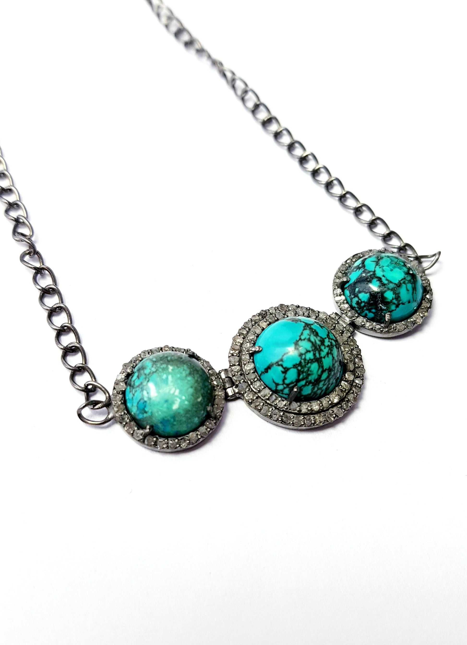 Beautiful Deisgner Rosecut Pave Diamond Necklace 925 Sterling Silver Handmade Finish Turquoise Stone Design Diamond Necklace Pendant Jewelry