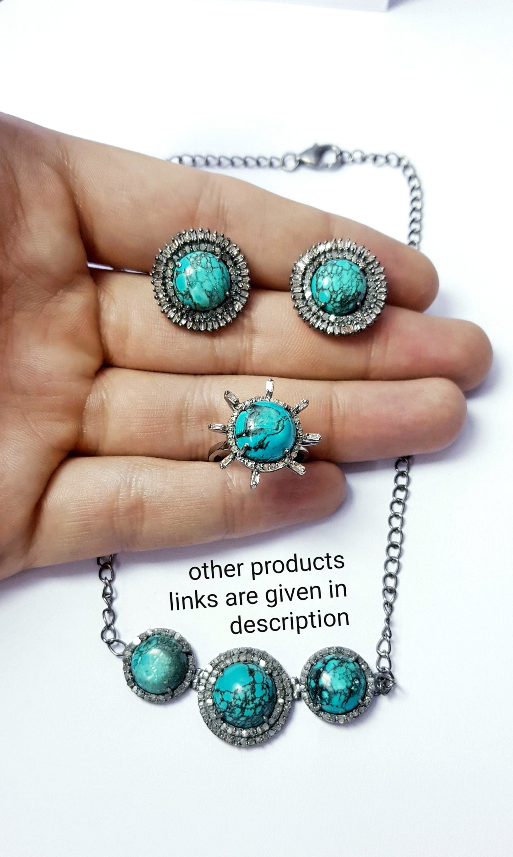 Beautiful Deisgner Rosecut Pave Diamond Necklace 925 Sterling Silver Handmade Finish Turquoise Stone Design Diamond Necklace Pendant Jewelry