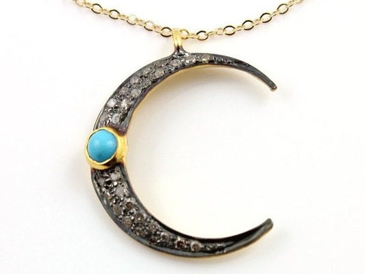 Pave diamond rosecut pendant 925 sterling silver pendant handmade diamond pendant Pave Diamond Moon Charm Turquoise diamond pendant charm