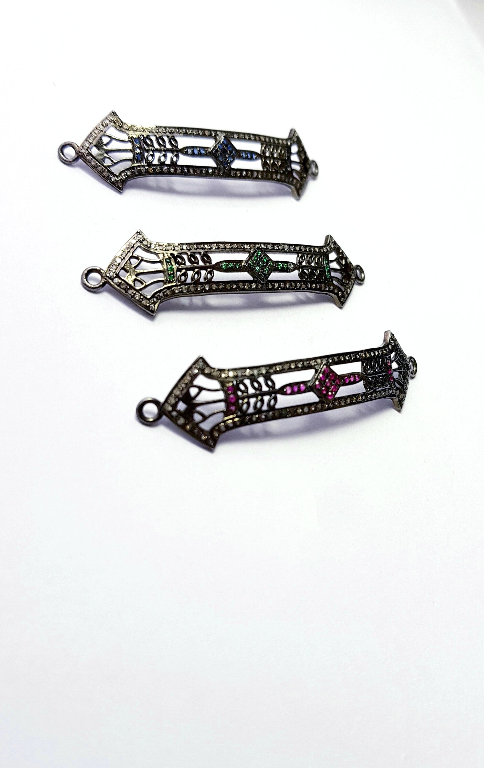 Antique Look Rosecut Pave Diamond Bracelet Connector 925 Sterling Silver Handmade Finish Blue Sapphire/Ruby/Emerald Diamond Connector Charms