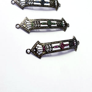 Antique Look Rosecut Pave Diamond Bracelet Connector 925 Sterling Silver Handmade Finish Blue Sapphire/Ruby/Emerald Diamond Connector Charms