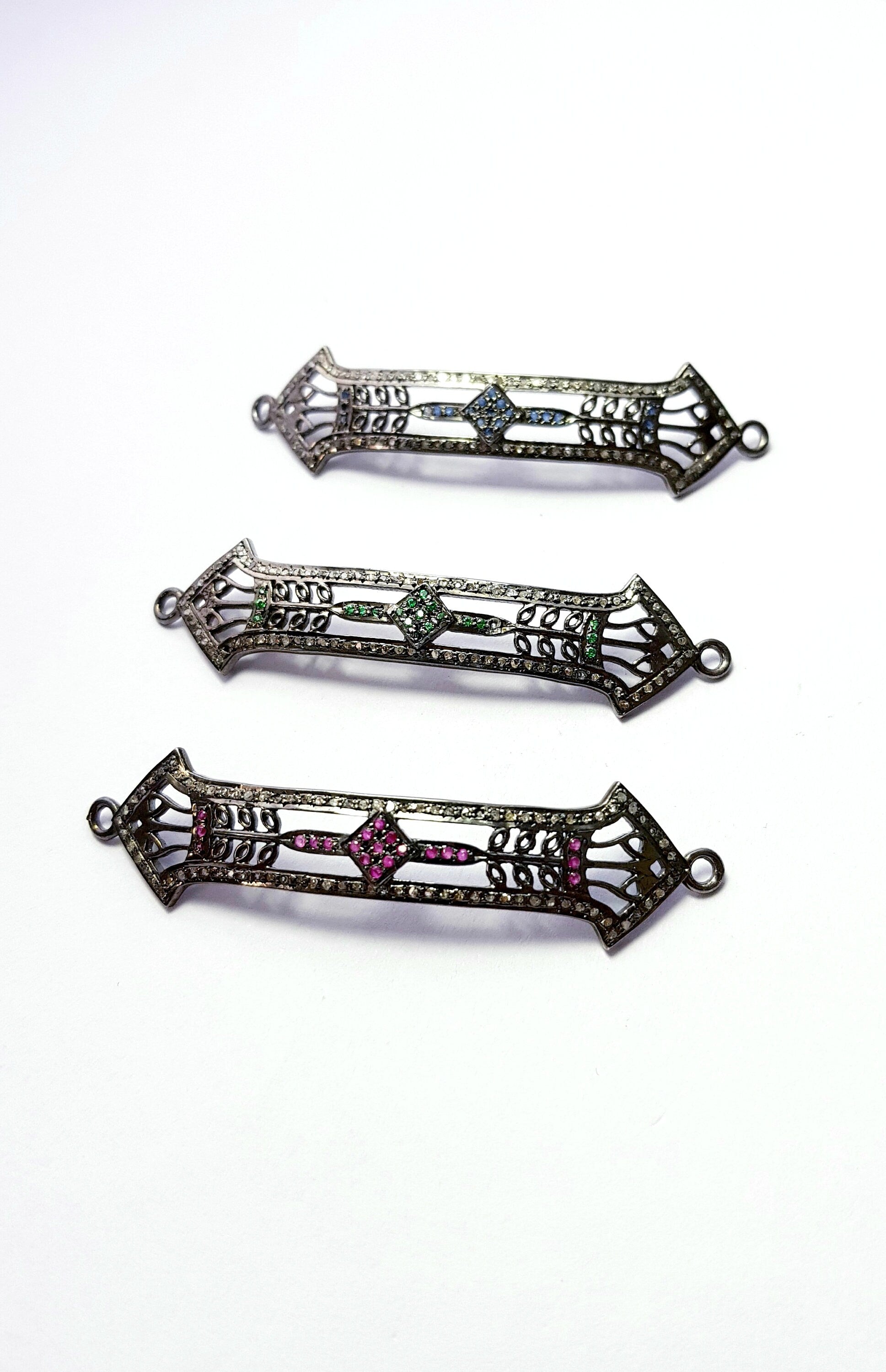 Antique Look Rosecut Pave Diamond Bracelet Connector 925 Sterling Silver Handmade Finish Blue Sapphire/Ruby/Emerald Diamond Connector Charms