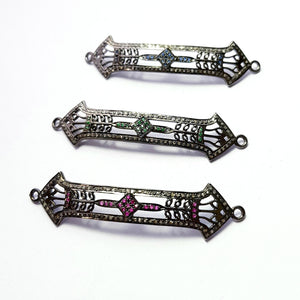 Antique Look Rosecut Pave Diamond Bracelet Connector 925 Sterling Silver Handmade Finish Blue Sapphire/Ruby/Emerald Diamond Connector Charms