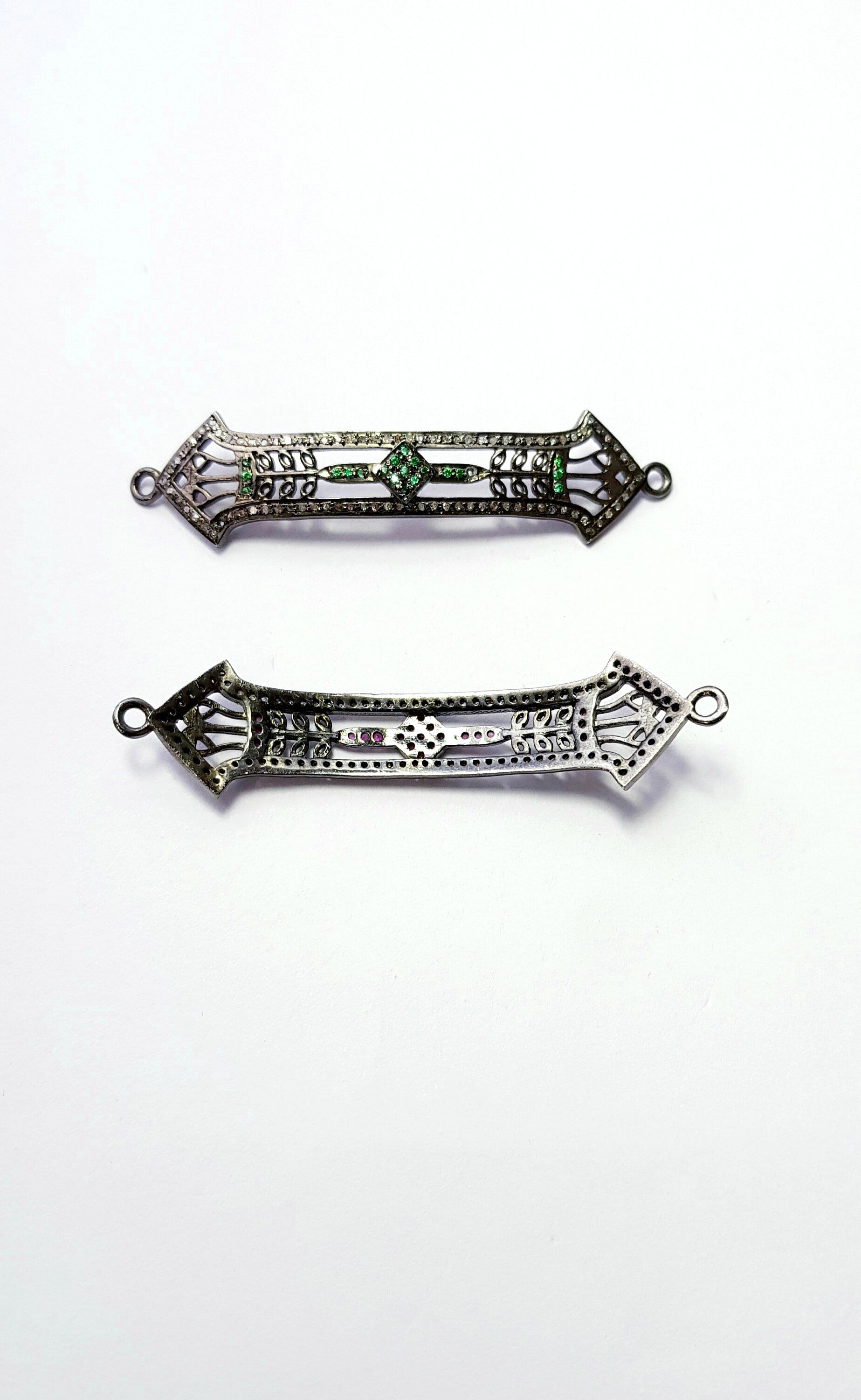 Antique Look Rosecut Pave Diamond Bracelet Connector 925 Sterling Silver Handmade Finish Blue Sapphire/Ruby/Emerald Diamond Connector Charms