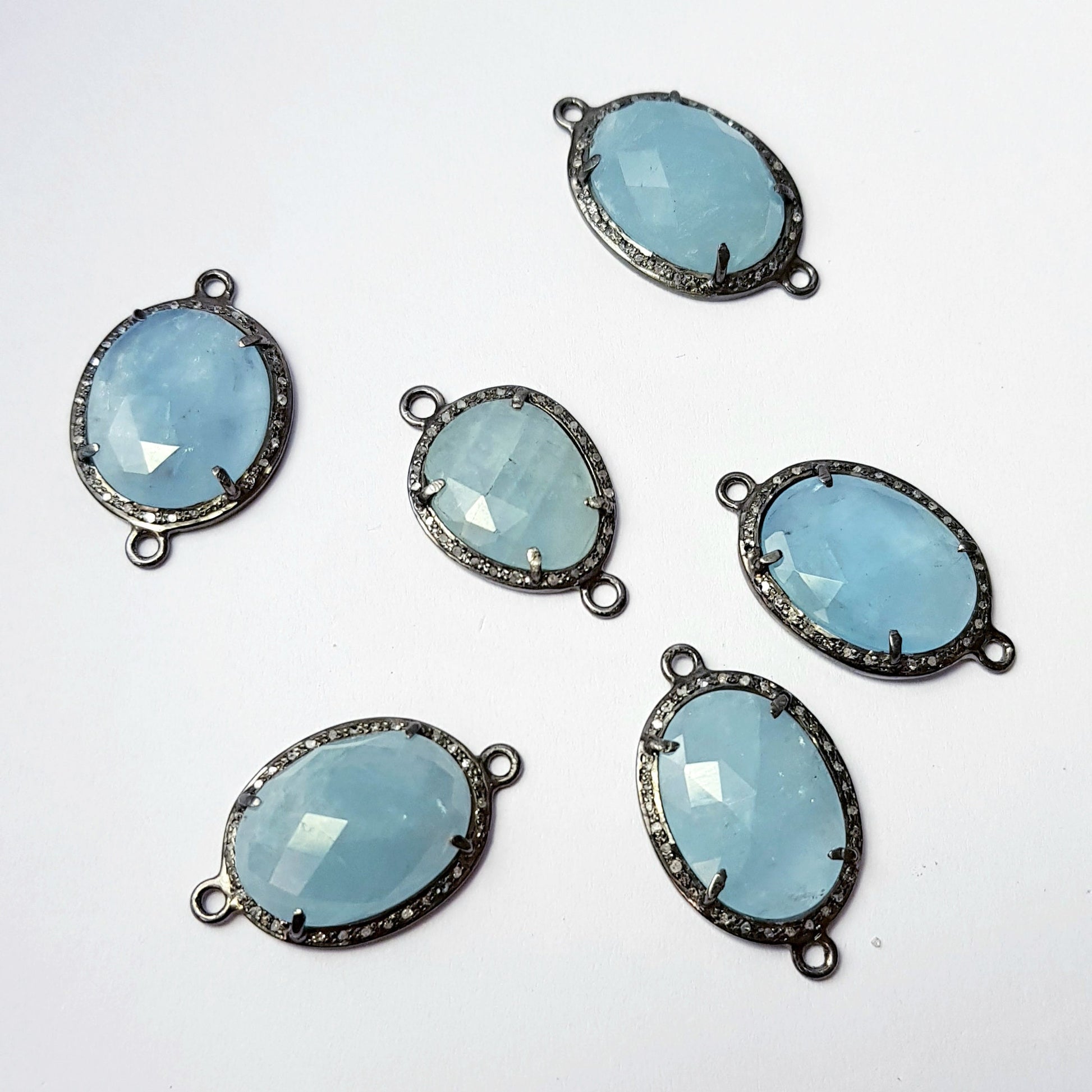 Checkercut aqua Chelsy natural  color stone 925 sterling silver handmade pave diamond setting vermeil oxidised silver connector