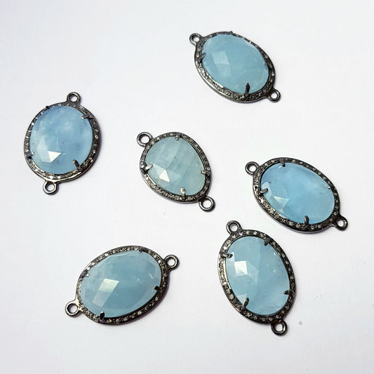 Checkercut aqua Chelsy natural  color stone 925 sterling silver handmade pave diamond setting vermeil oxidised silver connector
