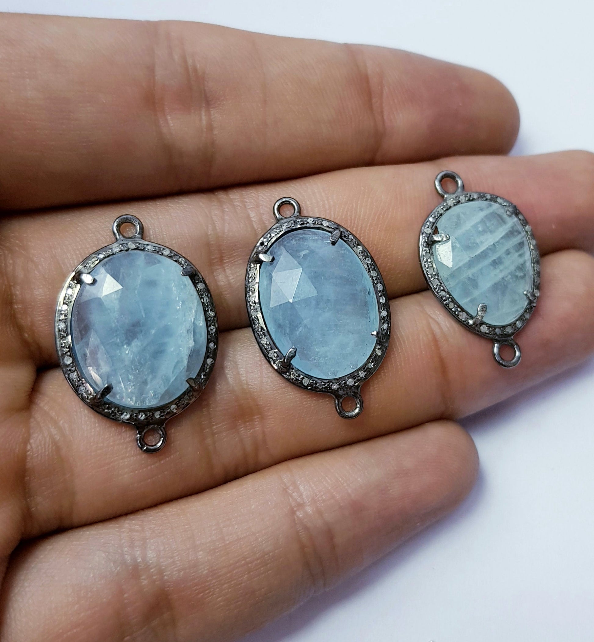 Checkercut aqua Chelsy natural  color stone 925 sterling silver handmade pave diamond setting vermeil oxidised silver connector
