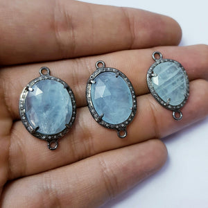 Checkercut aqua Chelsy natural  color stone 925 sterling silver handmade pave diamond setting vermeil oxidised silver connector