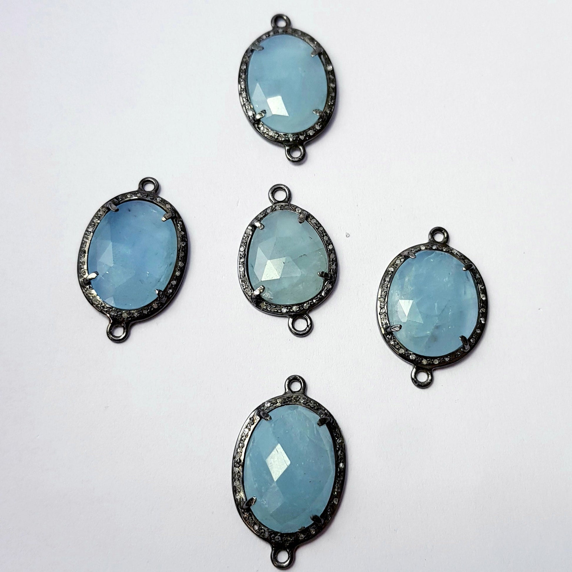 Checkercut aqua Chelsy natural  color stone 925 sterling silver handmade pave diamond setting vermeil oxidised silver connector