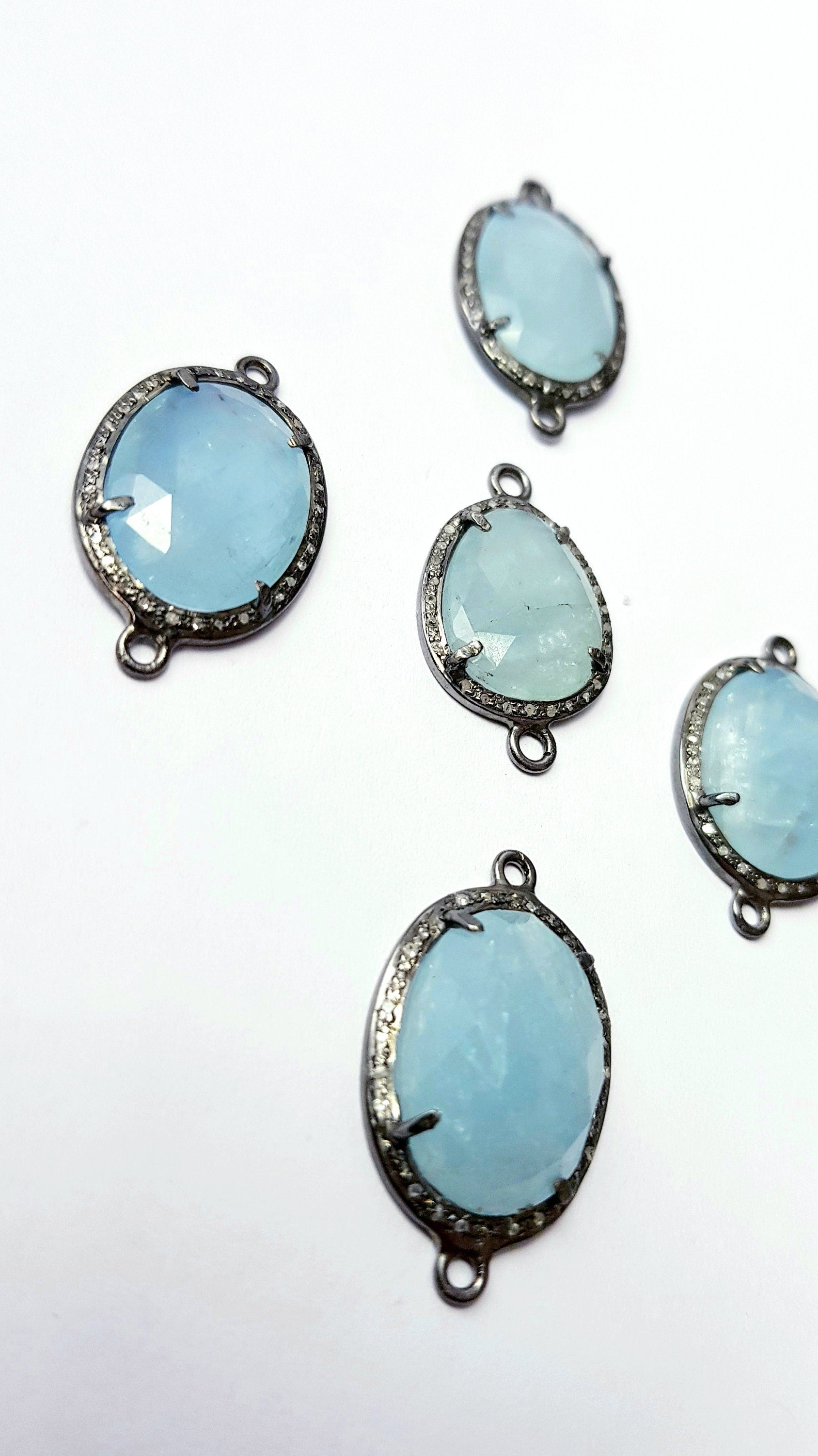 Checkercut aqua Chelsy natural  color stone 925 sterling silver handmade pave diamond setting vermeil oxidised silver connector