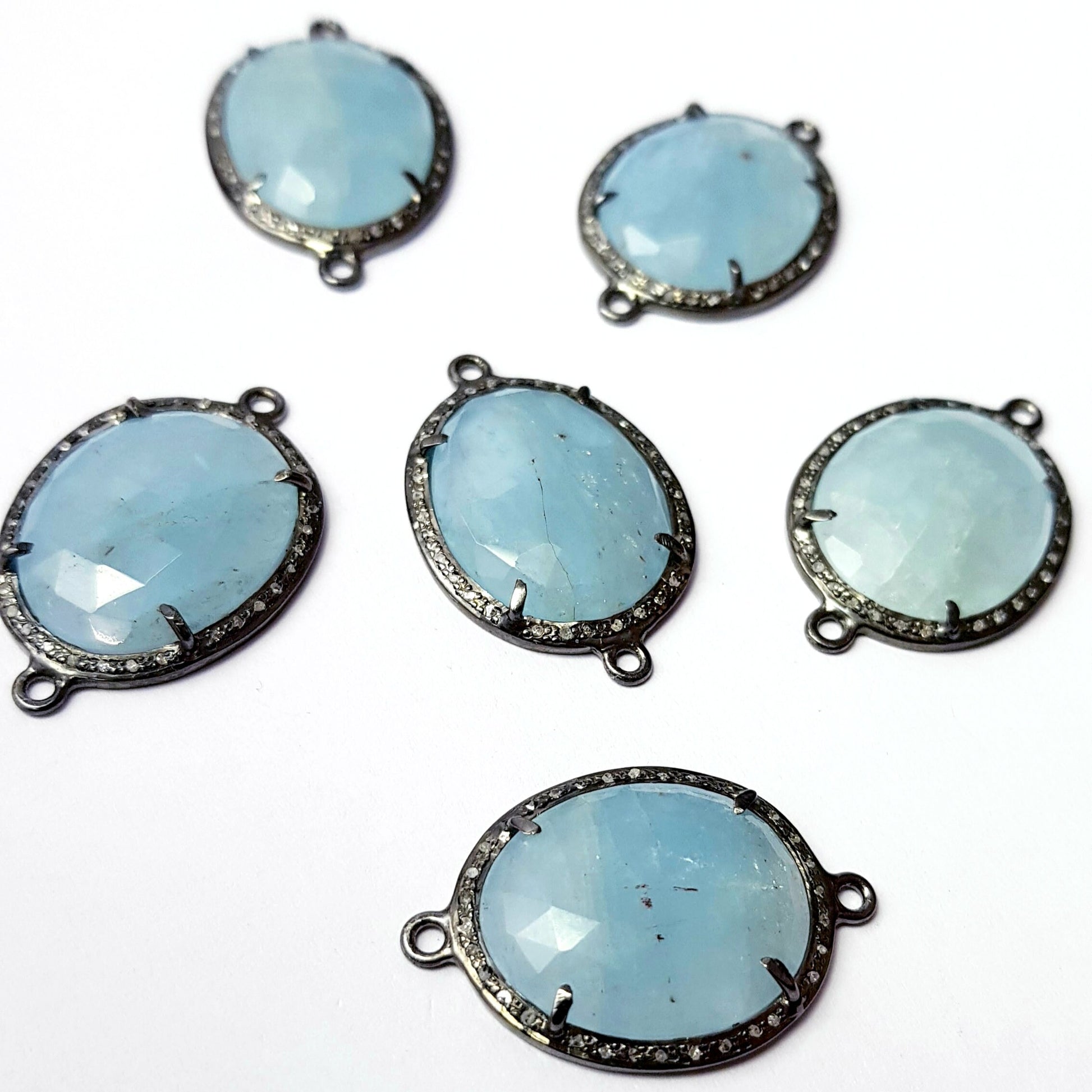 Checkercut Aqua Chelsy Colour Natural Stone 925 Sterling Silver Handmade Pave Diamond Setting Rosecut Diamond Silver Connector