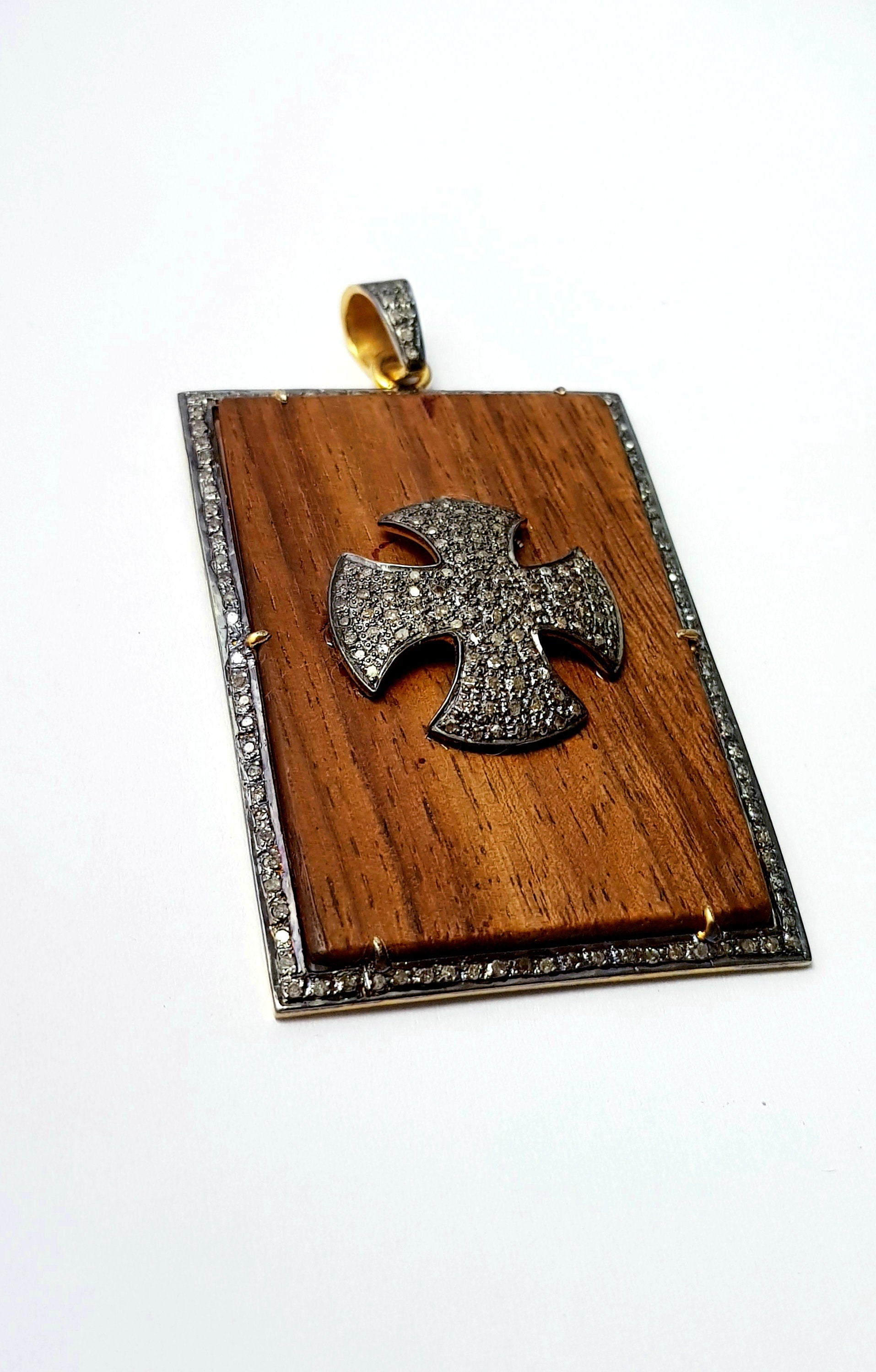 Wooden pave diamond pendant 925 sterling silver handmade finish cross design diamond pendant jewelry