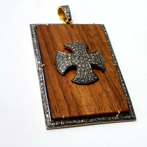 Wooden pave diamond pendant 925 sterling silver handmade finish cross design diamond pendant jewelry