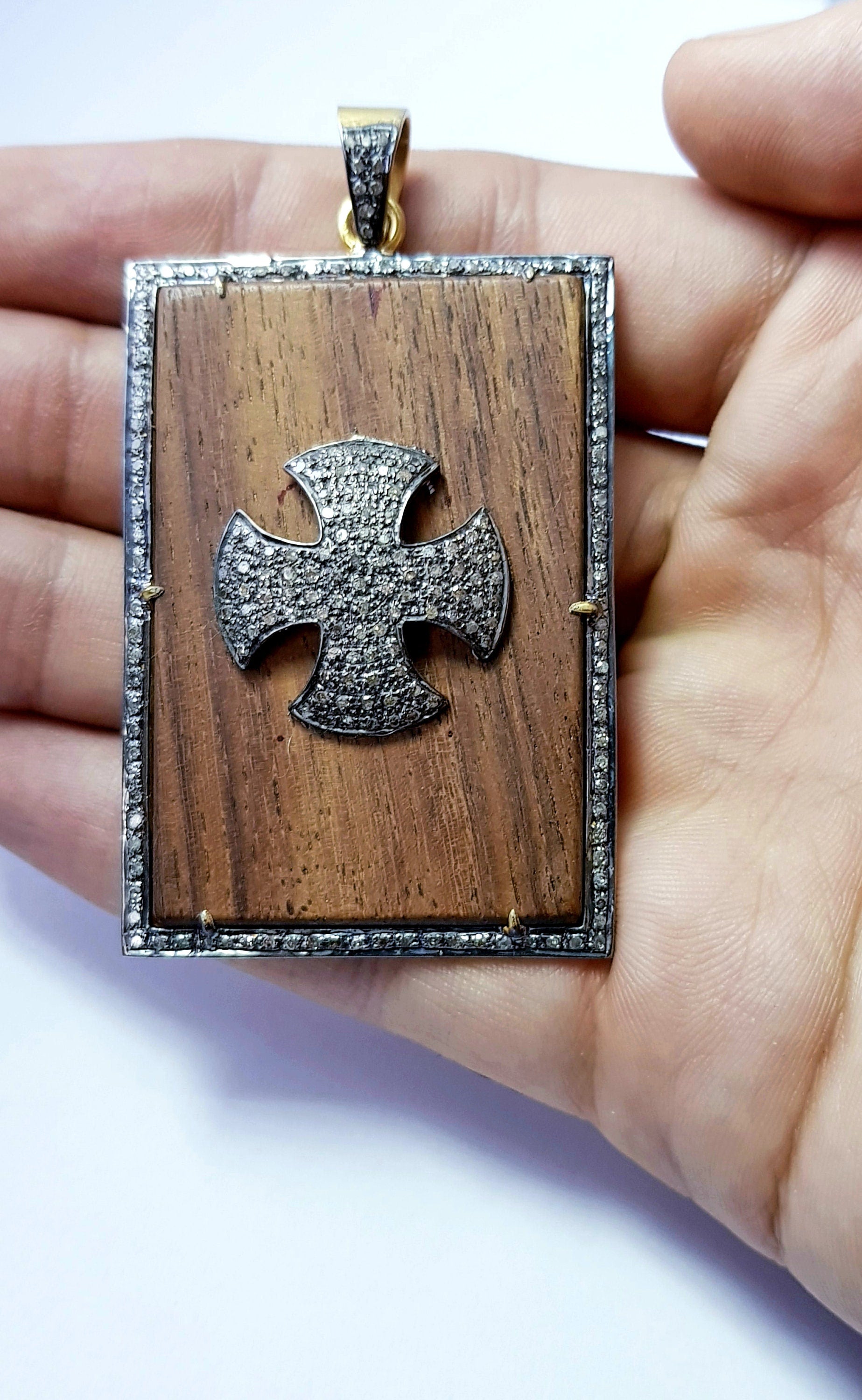 Wooden pave diamond pendant 925 sterling silver handmade finish cross design diamond pendant jewelry