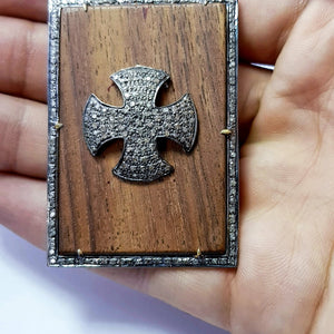 Wooden pave diamond pendant 925 sterling silver handmade finish cross design diamond pendant jewelry