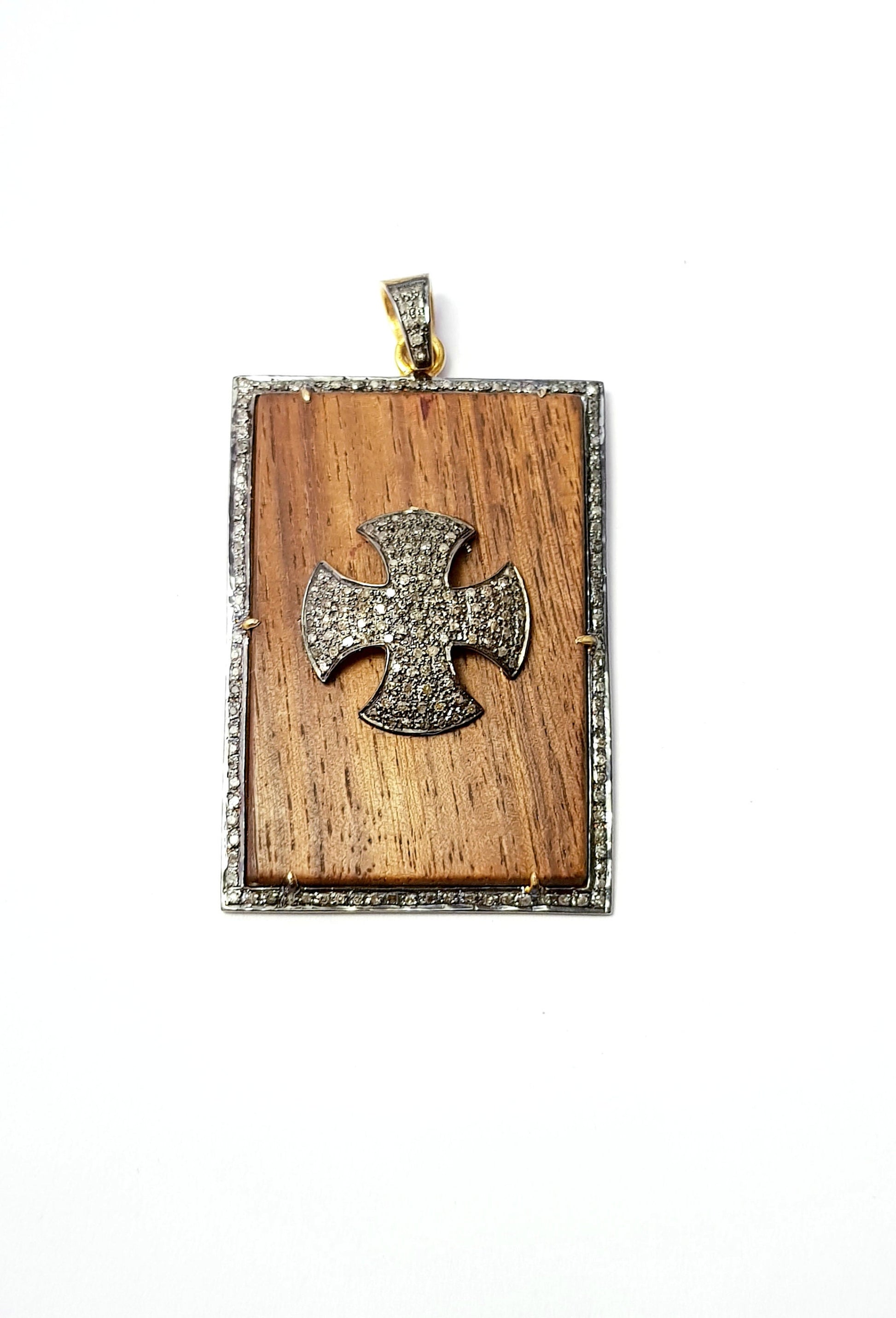 Wooden pave diamond pendant 925 sterling silver handmade finish cross design diamond pendant jewelry