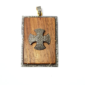 Wooden pave diamond pendant 925 sterling silver handmade finish cross design diamond pendant jewelry