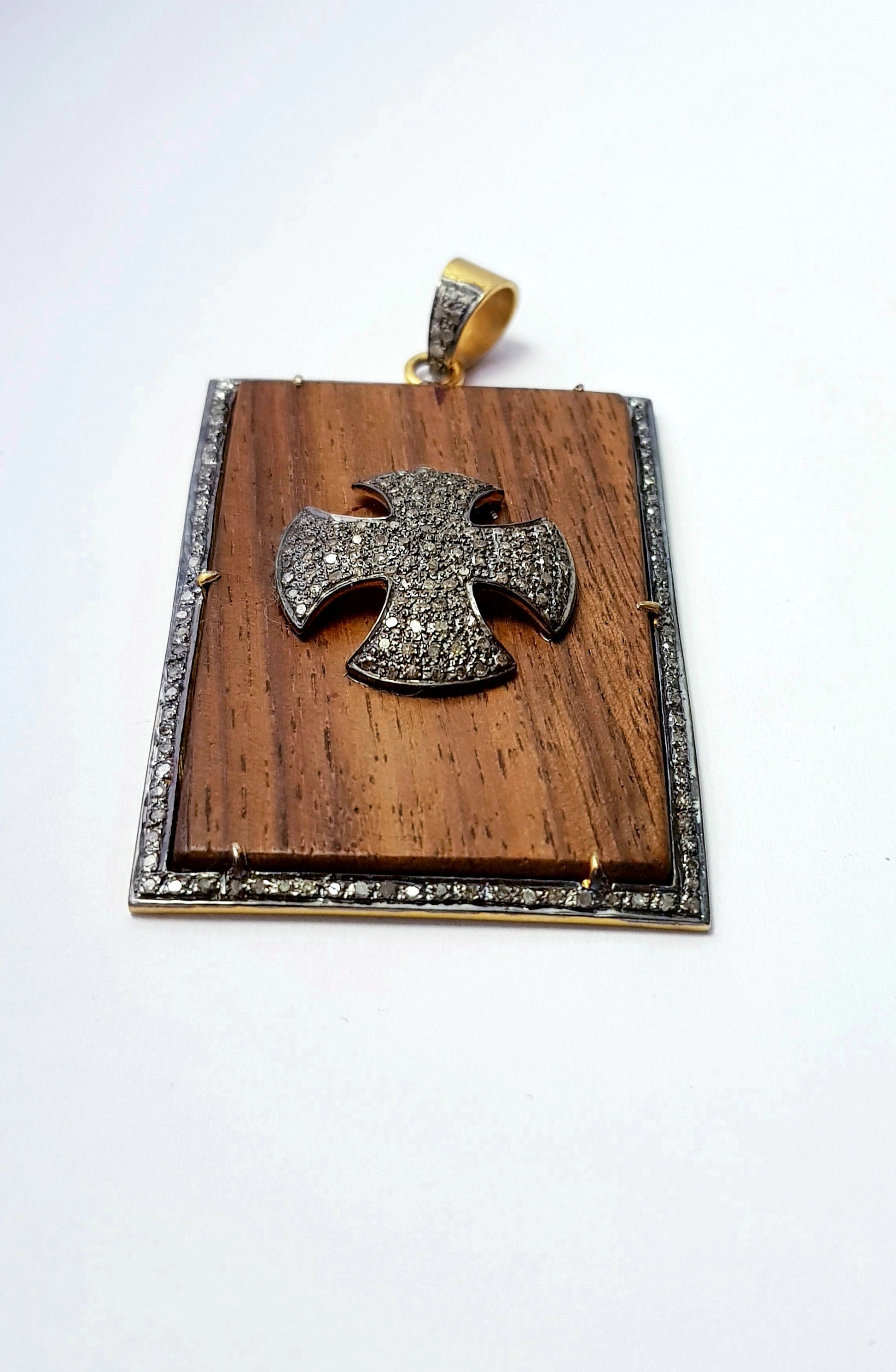 Wooden pave diamond pendant 925 sterling silver handmade finish cross design diamond pendant jewelry