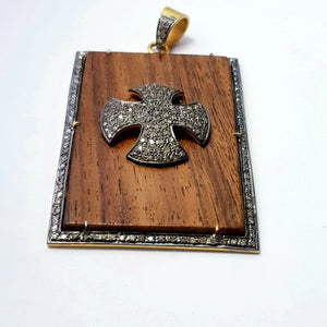 Wooden pave diamond pendant 925 sterling silver handmade finish cross design diamond pendant jewelry