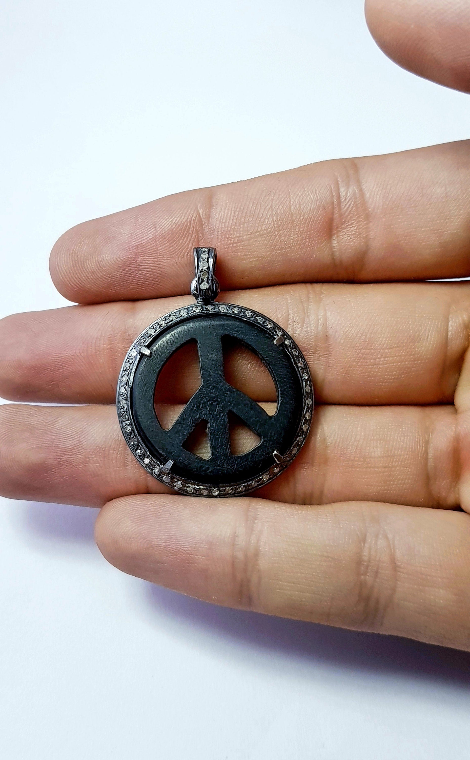 Wooden Pave Diamond Pendant 925 Sterling Silver Handmade Finish Peace Design Diamond Pendant Jewelry