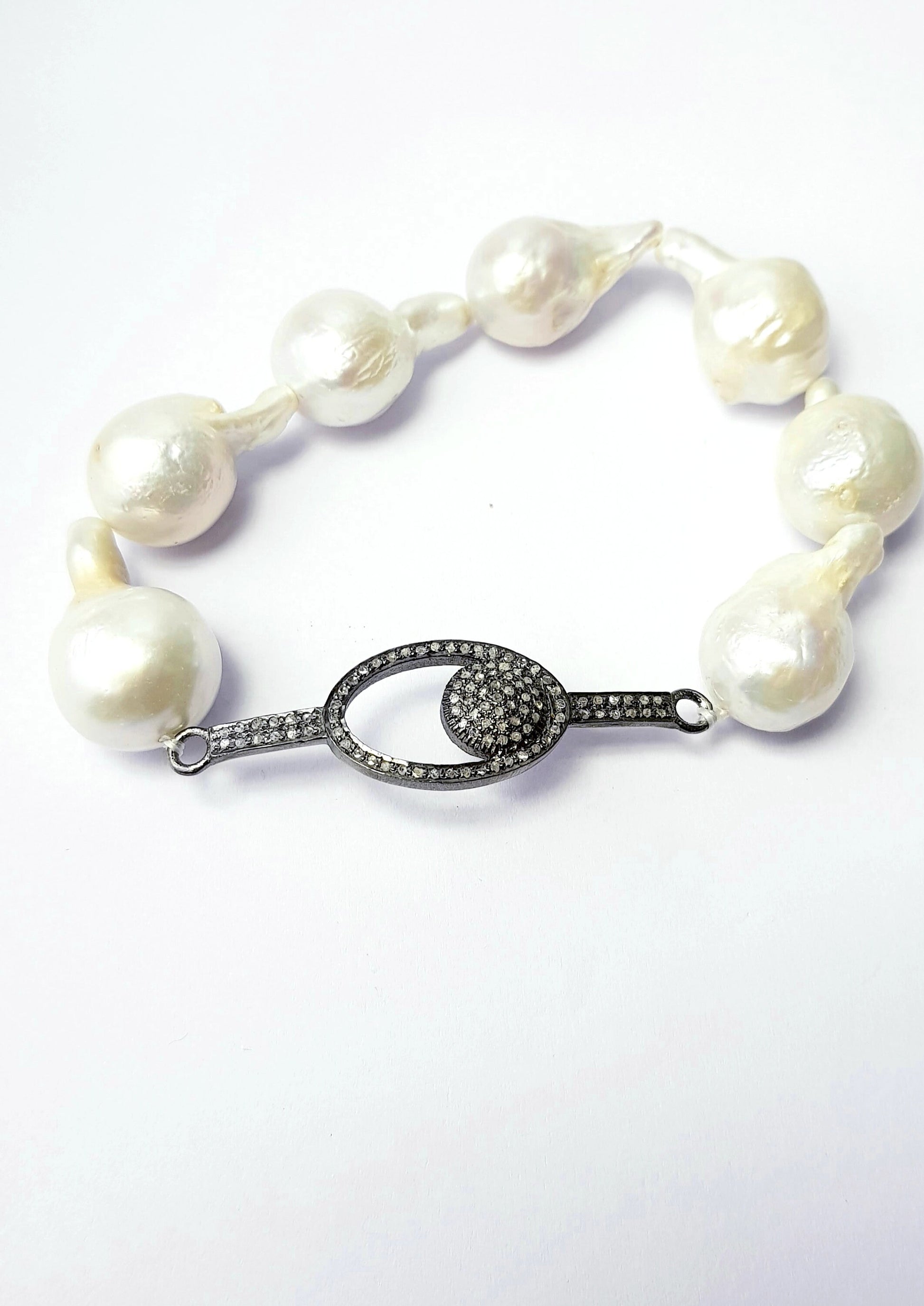 Beautiful Rosecut Pave Diamond Pearl Bracelet 925 Sterling Silver Handmade Finish Diamond Connector Pearl Bracelet