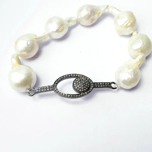 Beautiful Rosecut Pave Diamond Pearl Bracelet 925 Sterling Silver Handmade Finish Diamond Connector Pearl Bracelet