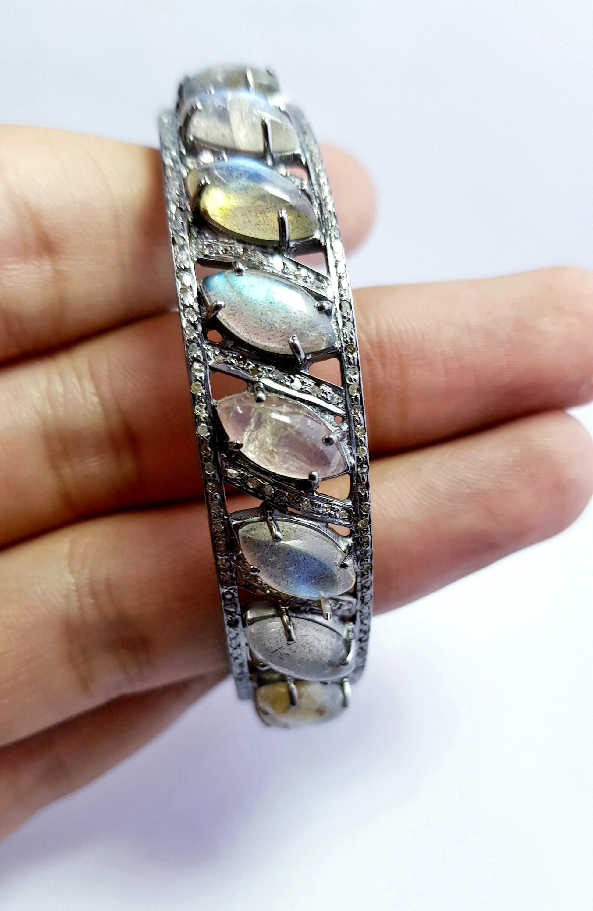 Beautiful Rosecut Pave Diamond Bangle 925 Sterling Silver Handmade Finish Natural Labrodorite Stone With Conflict Free Diamond Bangle