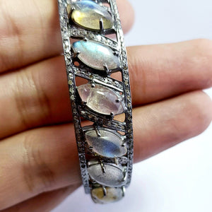 Beautiful Rosecut Pave Diamond Bangle 925 Sterling Silver Handmade Finish Natural Labrodorite Stone With Conflict Free Diamond Bangle
