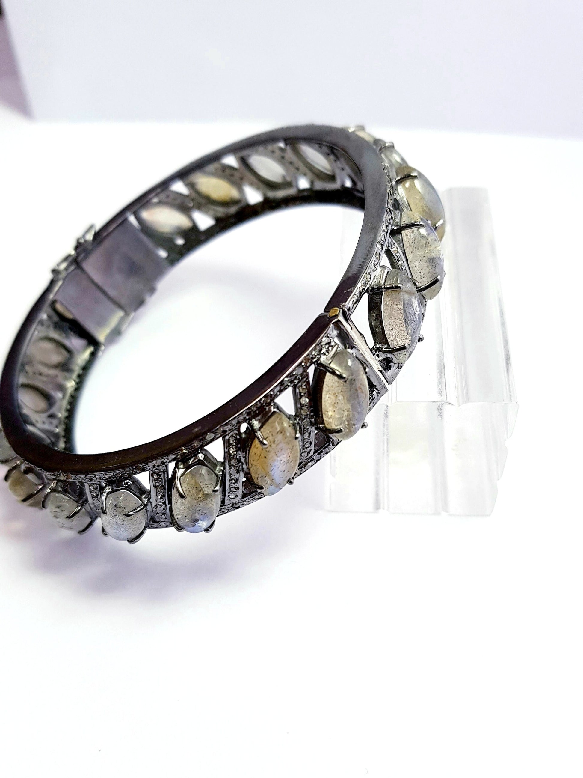 Beautiful Rosecut Pave Diamond Bangle 925 Sterling Silver Handmade Finish Natural Labrodorite Stone With Conflict Free Diamond Bangle