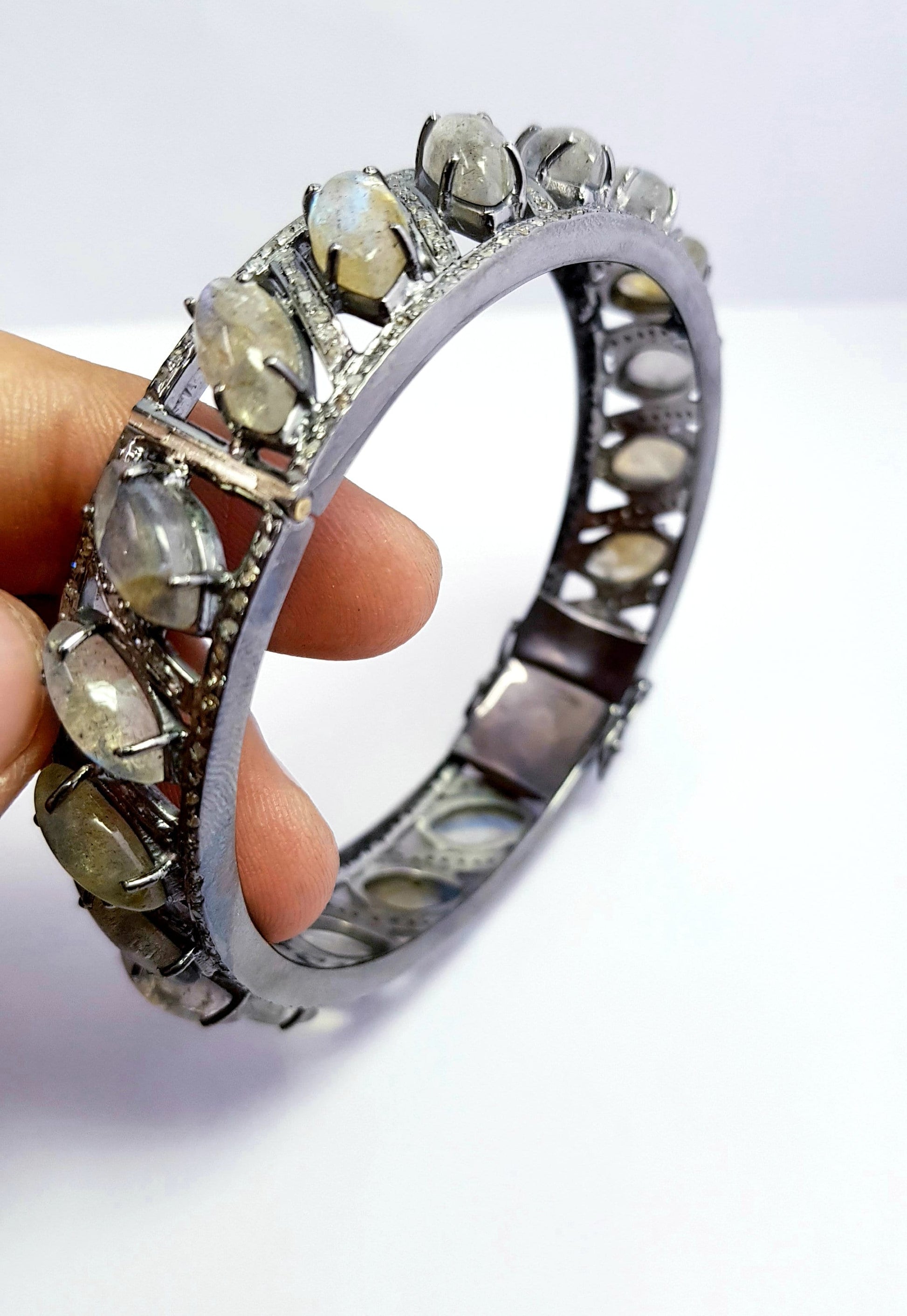 Beautiful Rosecut Pave Diamond Bangle 925 Sterling Silver Handmade Finish Natural Labrodorite Stone With Conflict Free Diamond Bangle