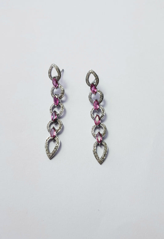 Natural multi colored sapphire stone baguettes hoop style rosecut pave setting diamond sterling silver earring ,antique look hoop earring