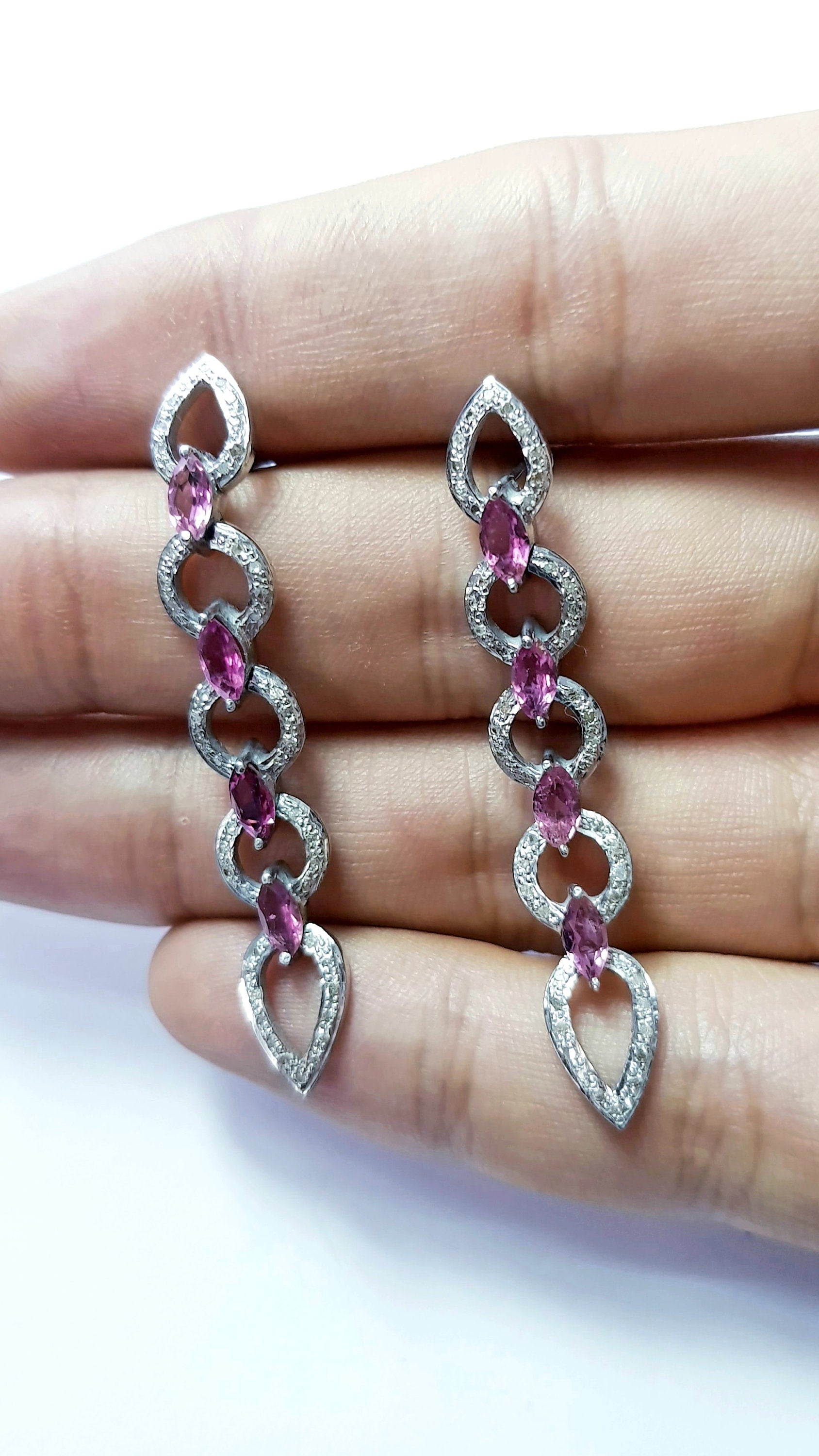 Natural multi colored sapphire stone baguettes hoop style rosecut pave setting diamond sterling silver earring ,antique look hoop earring