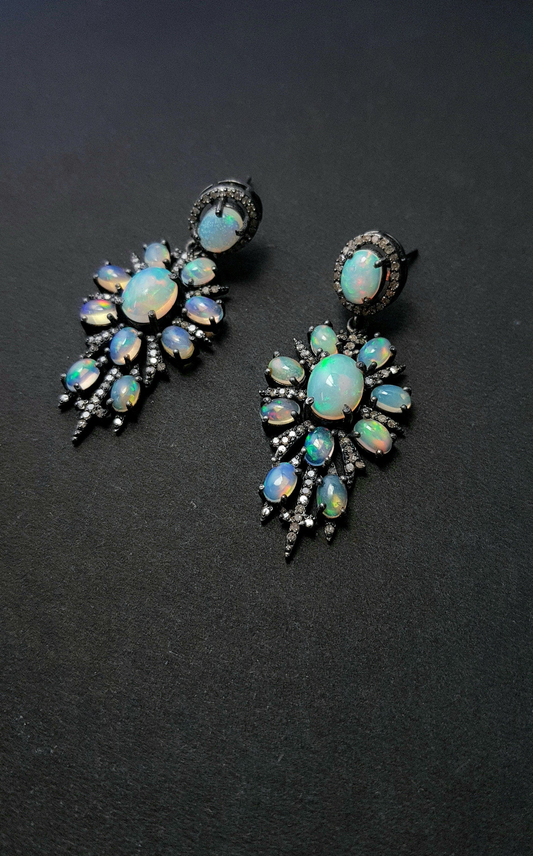 Rosecut pave diamonds and Ethiopian opal AAA nice quality earring,antique look designer unique one of a kind earring