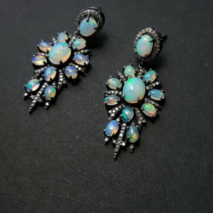 Rosecut pave diamonds and Ethiopian opal AAA nice quality earring,antique look designer unique one of a kind earring