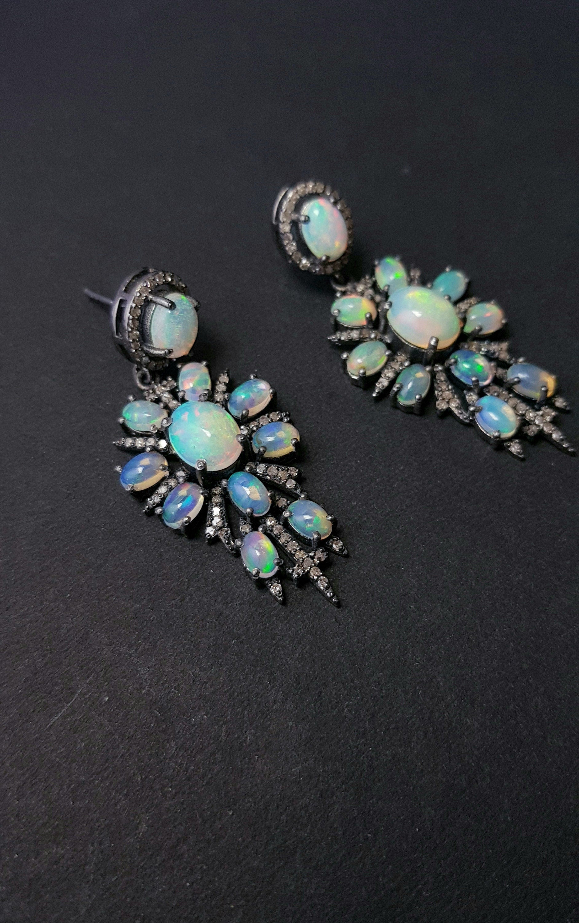 Rosecut pave diamonds and Ethiopian opal AAA nice quality earring,antique look designer unique one of a kind earring