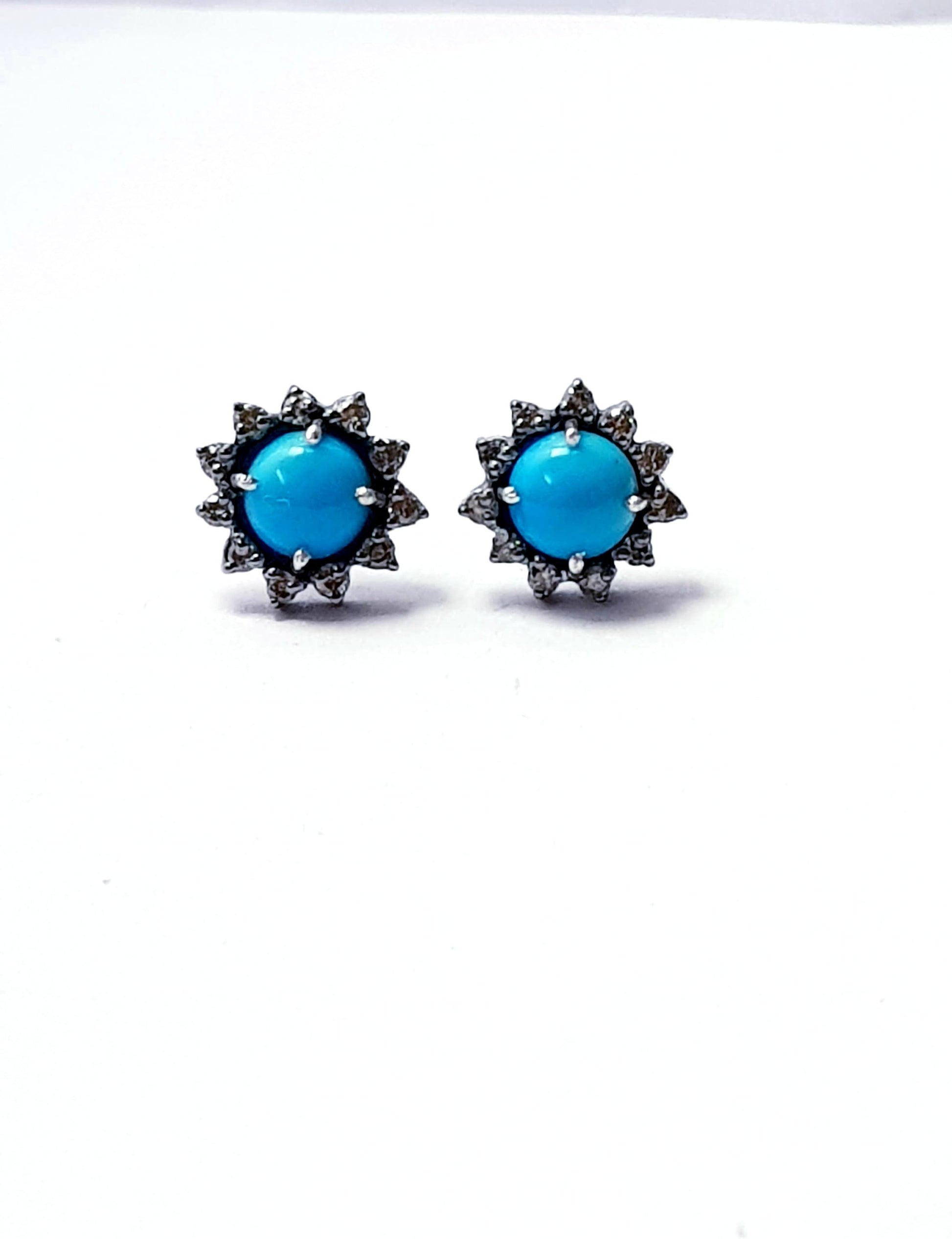 Latest Designer Rosecut Pave Diamond Stud Earrings 925 Sterling Silver Handmade Silver Finish Turquoise Diamond Stud Earrings