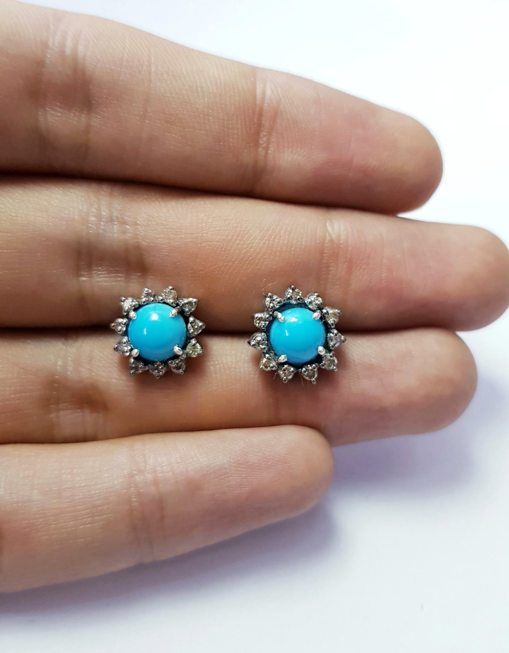 Latest Designer Rosecut Pave Diamond Stud Earrings 925 Sterling Silver Handmade Silver Finish Turquoise Diamond Stud Earrings