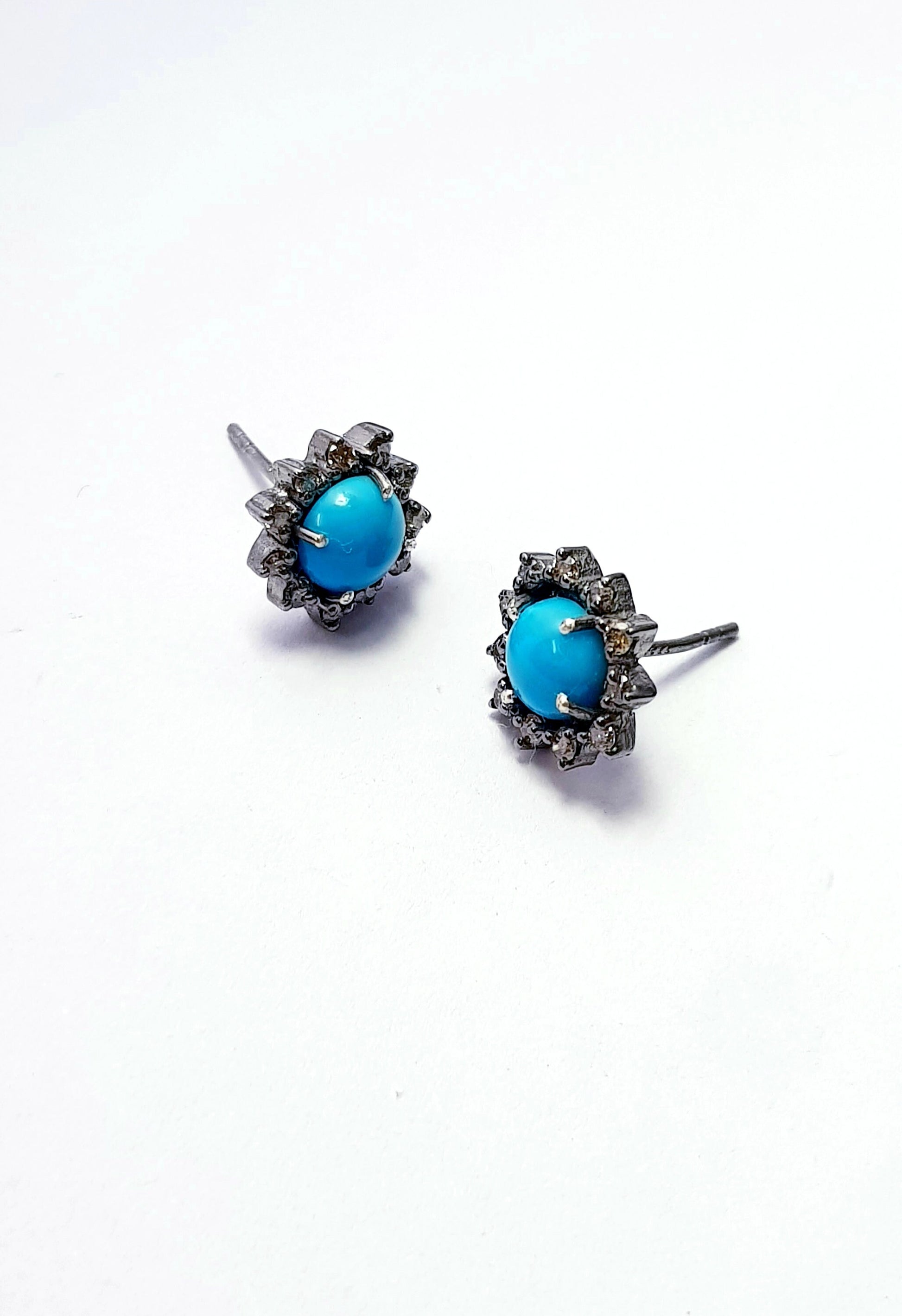 Latest Designer Rosecut Pave Diamond Stud Earrings 925 Sterling Silver Handmade Silver Finish Turquoise Diamond Stud Earrings