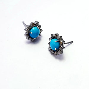 Latest Designer Rosecut Pave Diamond Stud Earrings 925 Sterling Silver Handmade Silver Finish Turquoise Diamond Stud Earrings