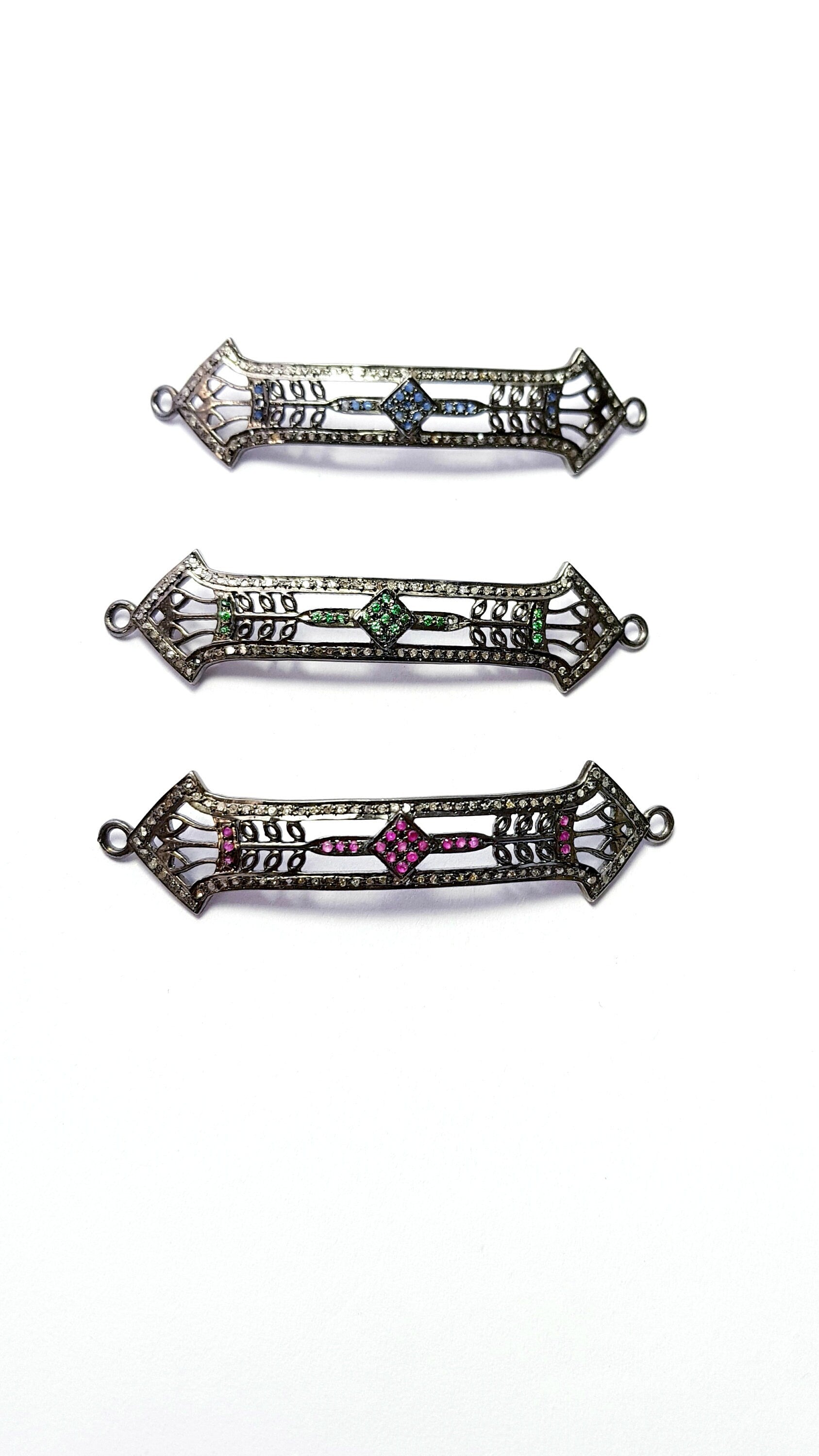 Antique Look Rosecut Pave Diamond Bracelet Connector 925 Sterling Silver Handmade Finish Blue Sapphire/Ruby/Emerald Diamond Connector Charms