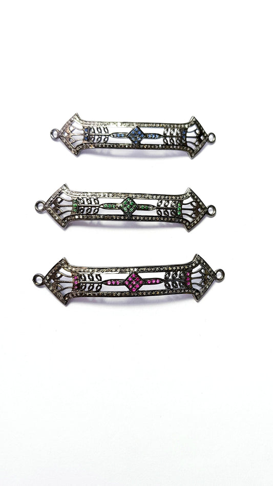 Antique Look Rosecut Pave Diamond Bracelet Connector 925 Sterling Silver Handmade Finish Blue Sapphire/Ruby/Emerald Diamond Connector Charms