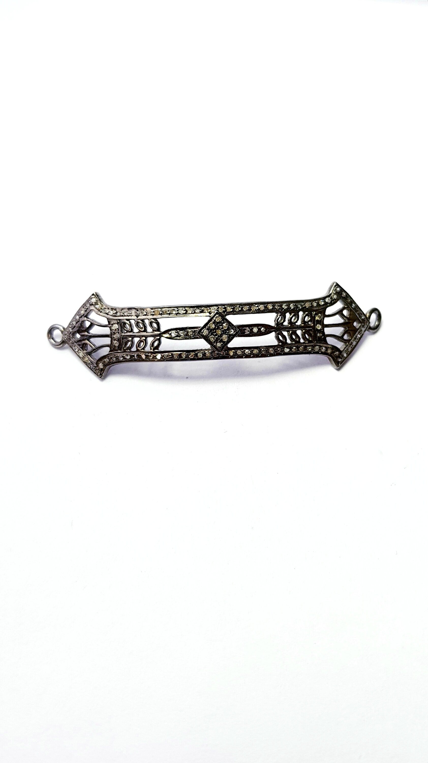 Antique Look Rosecut Pave Diamond Bracelet Connector 925 Sterling Silver Handmade Finish Blue Sapphire/Ruby/Emerald Diamond Connector Charms
