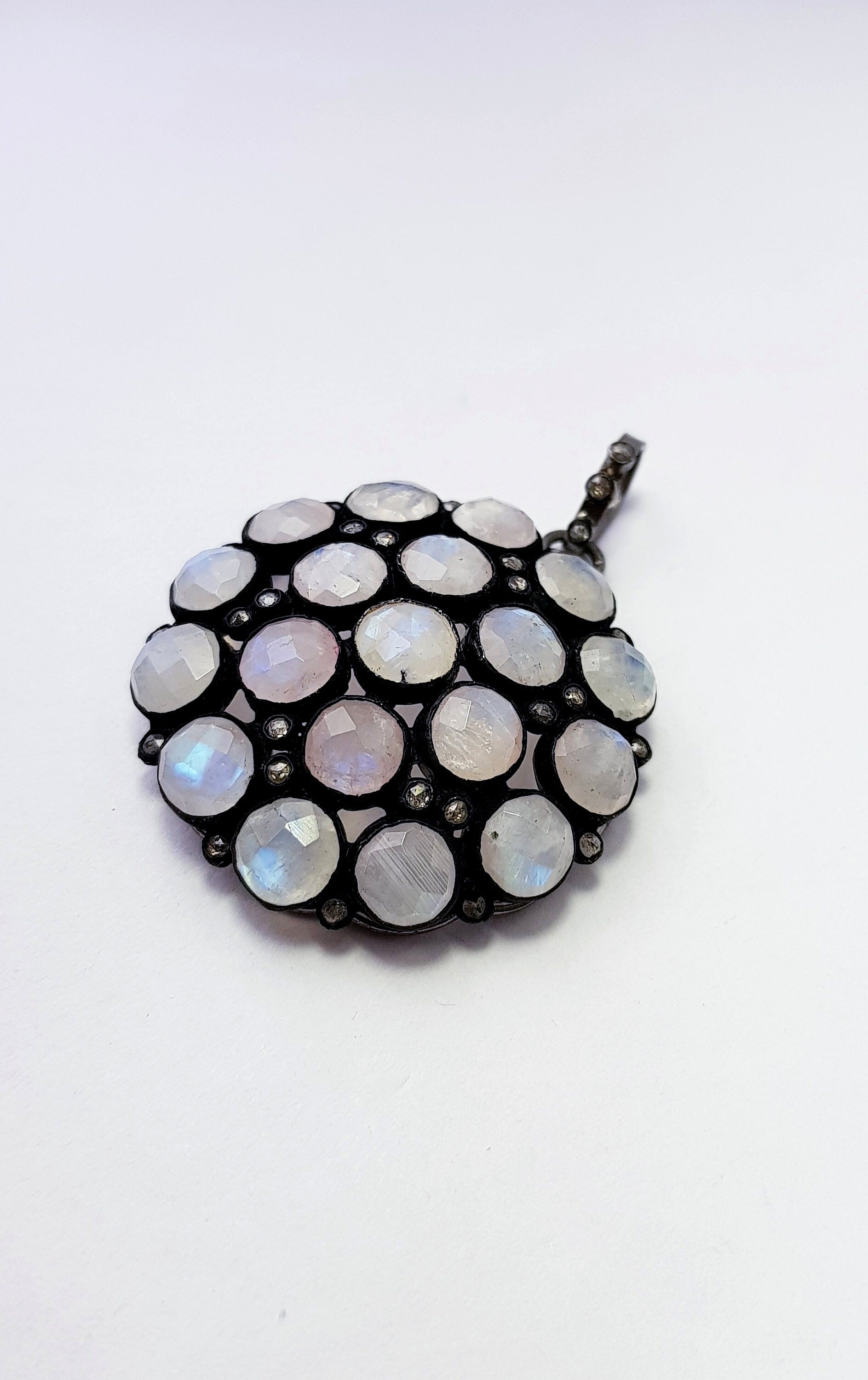 Very beautiful rainbow moon stone designer Rosecut pave diamond pendant 925 sterling silver handmade finish diamond jewelry pendant