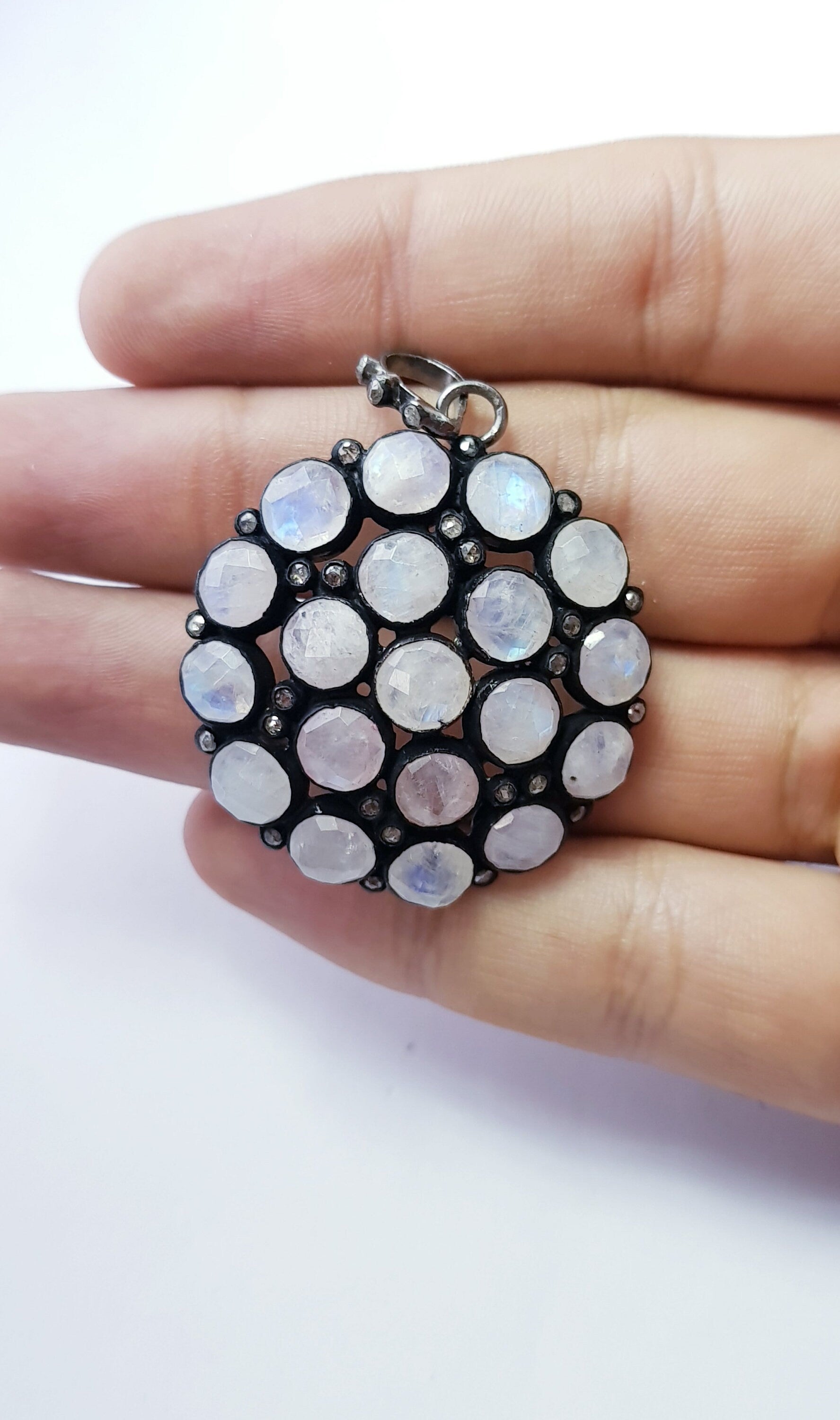 Very beautiful rainbow moon stone designer Rosecut pave diamond pendant 925 sterling silver handmade finish diamond jewelry pendant