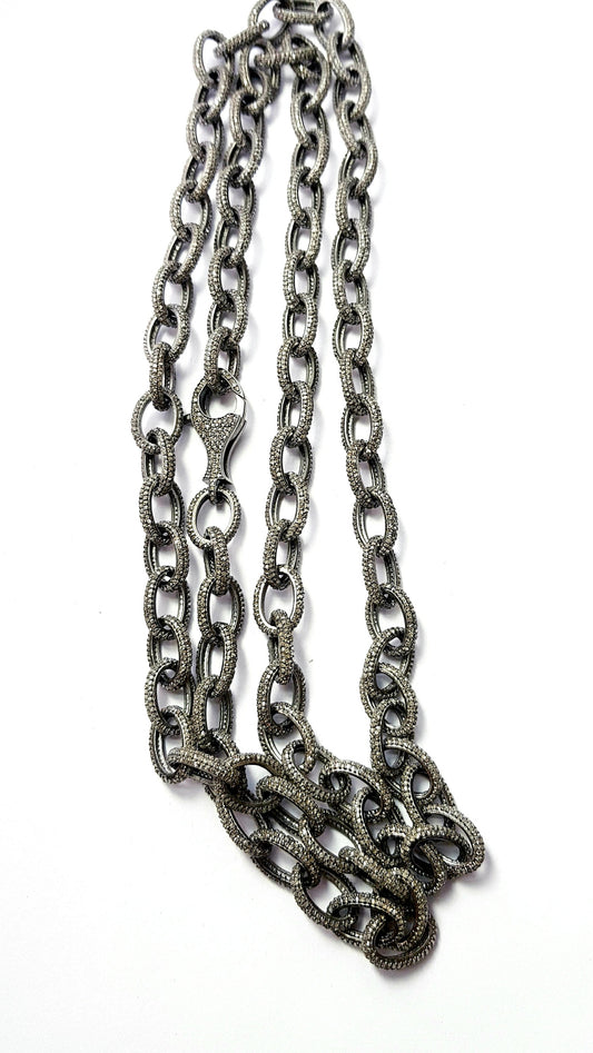 Rose cut pave diamond chain necklace pendent 925 sterling silver handmade oxidised finish diamond chain 36" size with diamond clasps