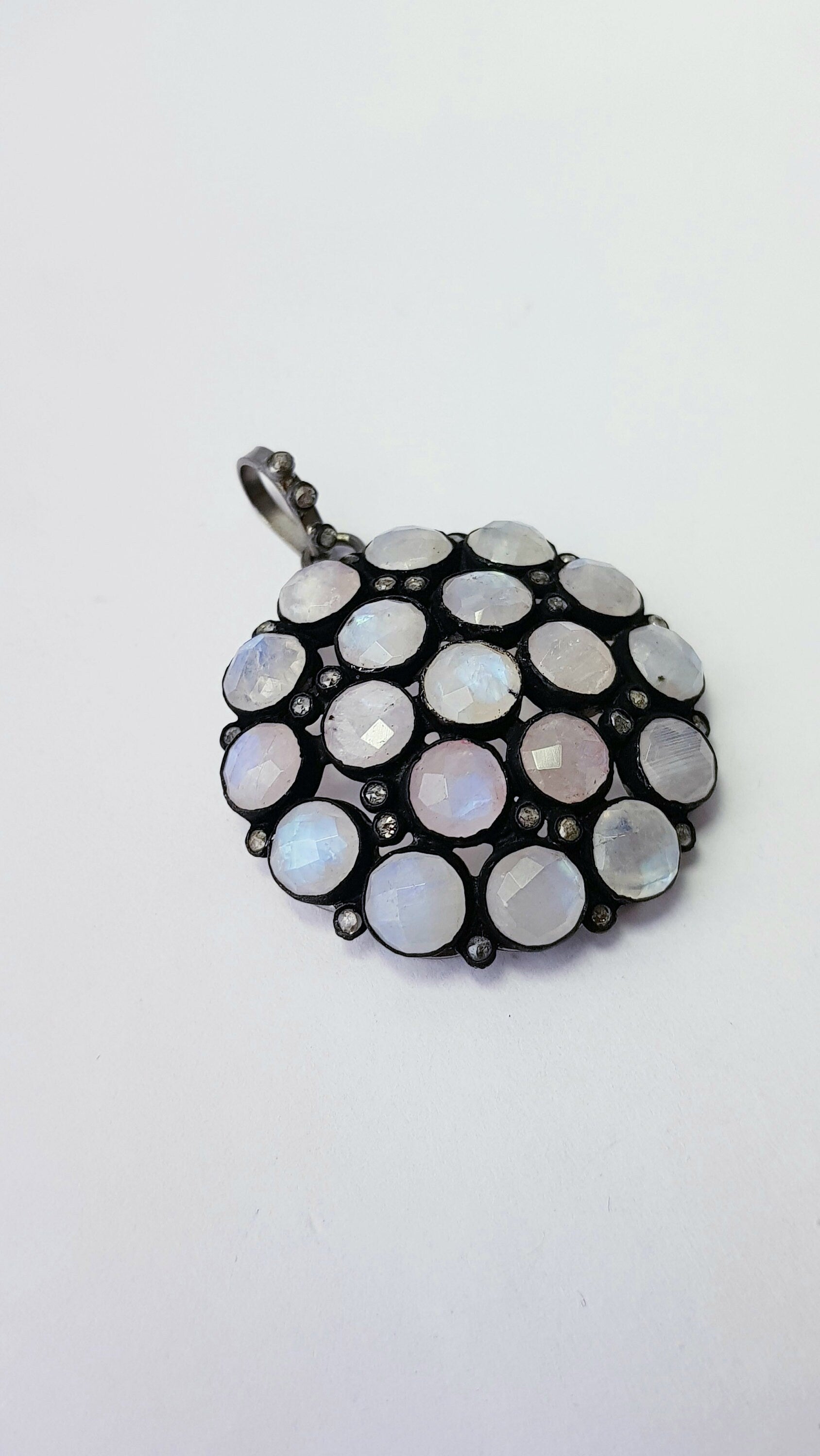 Very beautiful rainbow moon stone designer Rosecut pave diamond pendant 925 sterling silver handmade finish diamond jewelry pendant