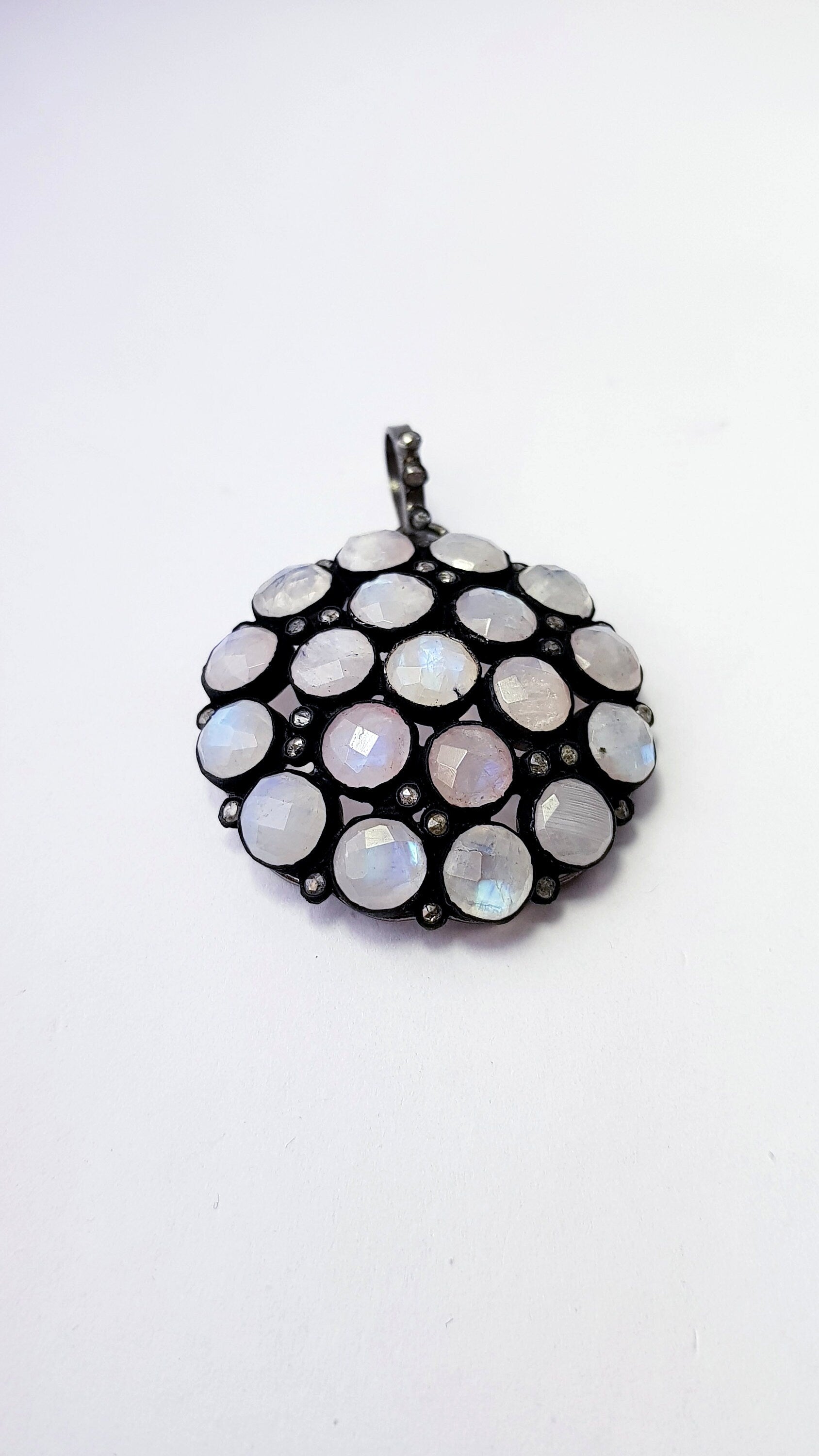 Very beautiful rainbow moon stone designer Rosecut pave diamond pendant 925 sterling silver handmade finish diamond jewelry pendant