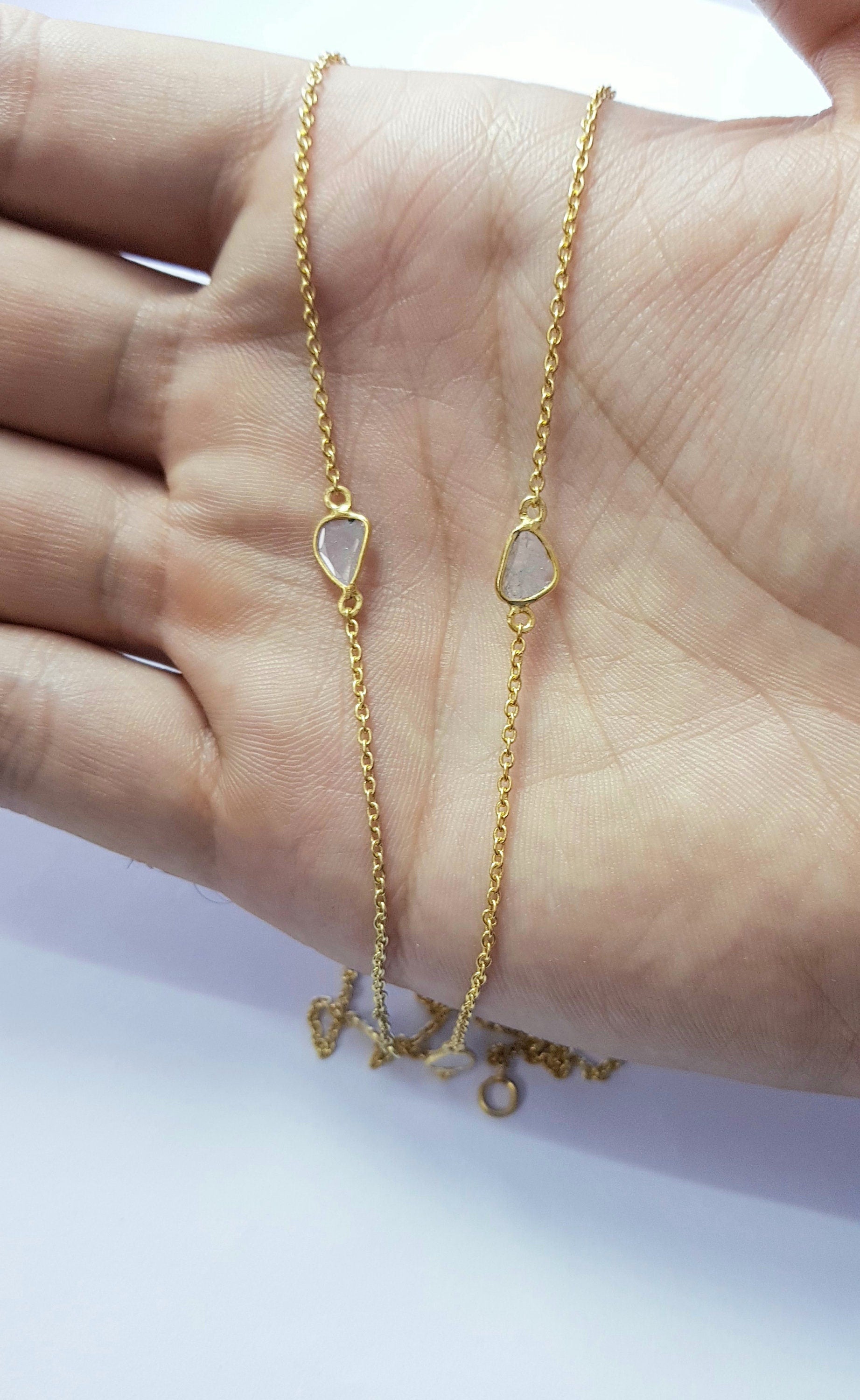 Antique finish oxidized and vermail Gold  925 sterling silver handmade slice polki diamond Flat diamond paper diamond chains necklace chains
