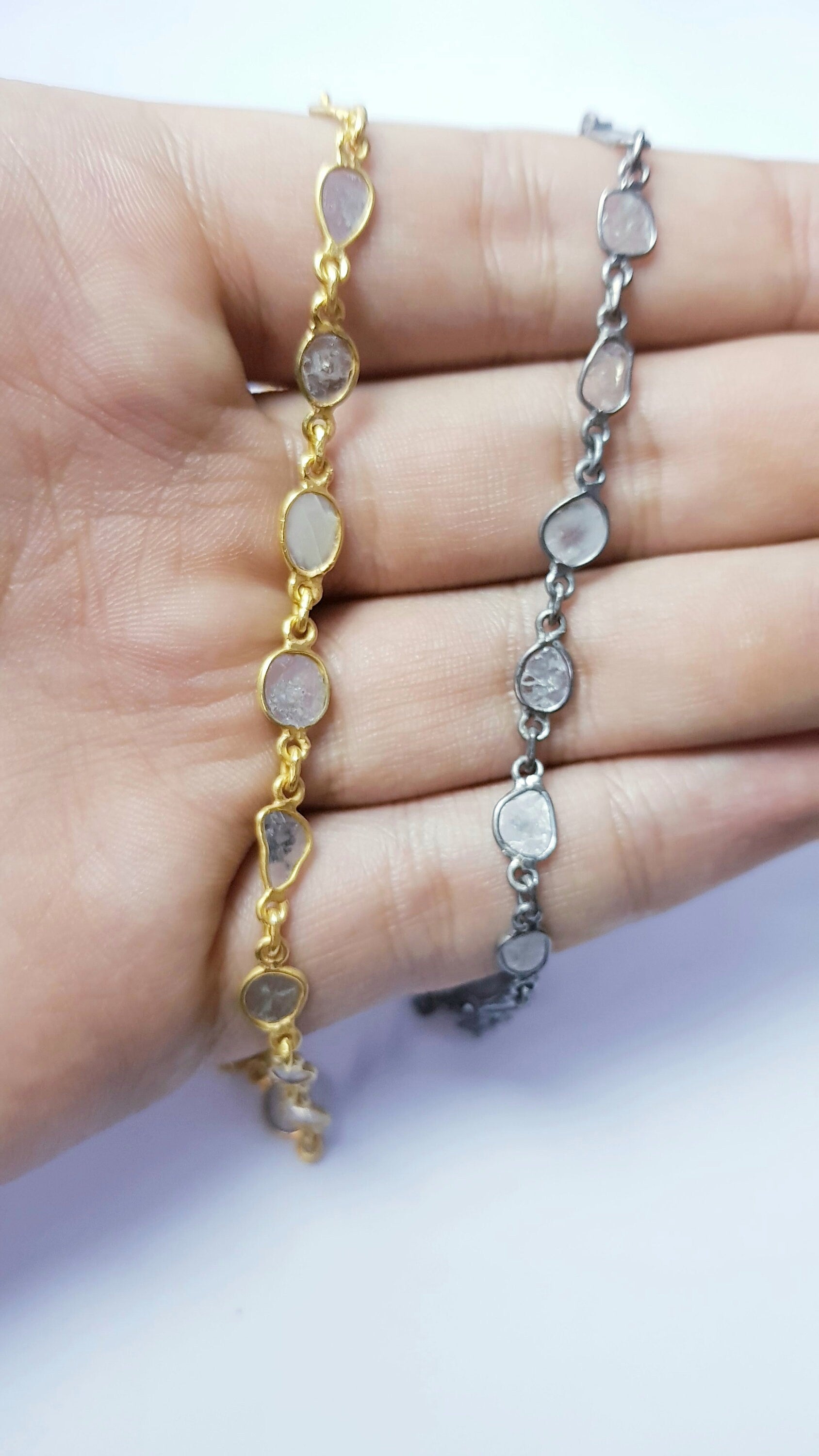 Antique Finish Oxidized And 14K Vermail Gold  925 Sterling Silver Handmade Diamond Slice Polki Chains Necklace Chains Chunkey Chain